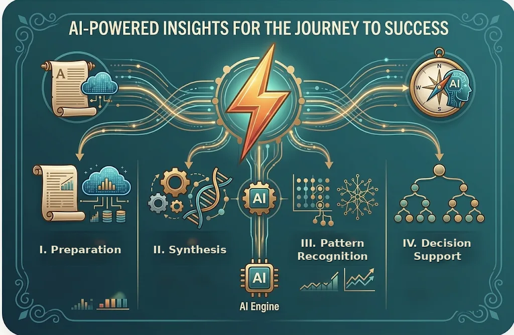 AI-powered insights for the journey to success: preparation, synthesis, pattern recognition, and decision support flowing through an AI engine