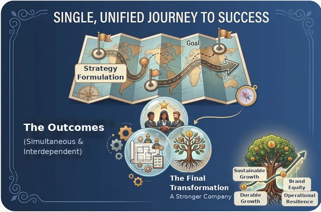 Illustrated journey map from strategy formulation to goal, producing simultaneous, interdependent outcomes and a stronger company